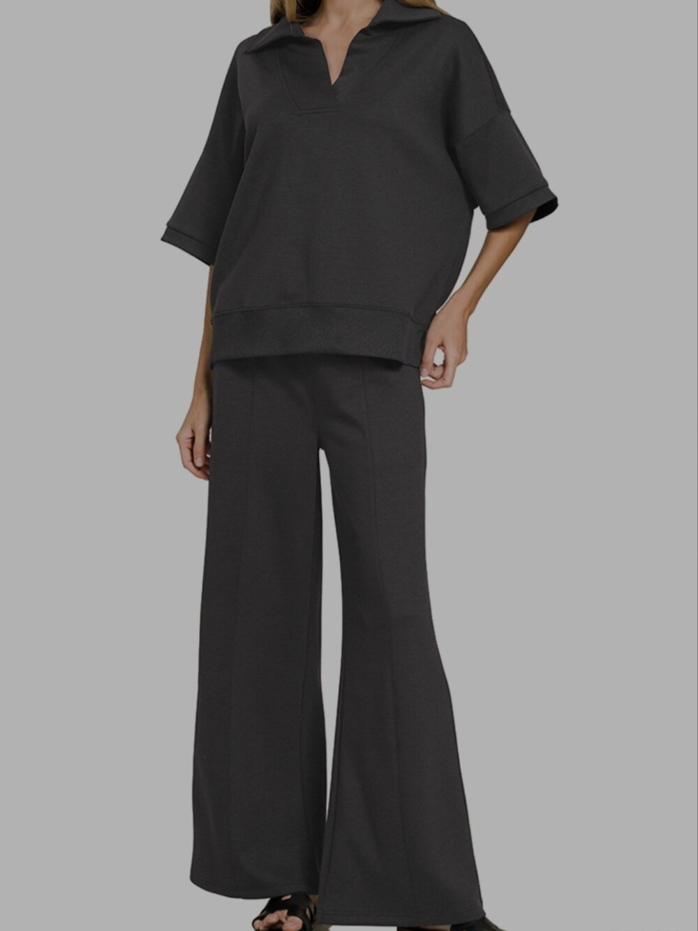 Zenana Collared Scuba Pant Set-black